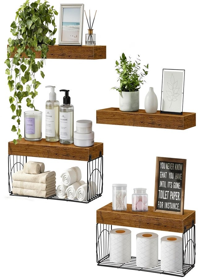 Snuvid 4 Pack Bathroom Shelves Over Toilet, Wall Mounted Rustic Wood Floating Shelves for Bathroom, Toilet Paper Storage, Small Farmhouse Decor Hanging Shelf for Living Room, Kitchen, 16 inch, Brown - Image 1